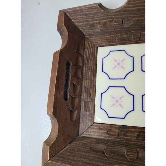 Vintage Hand Carved Wood Tray With Tile Center Rustic Traditional Decorative 14" - Picture 3 of 8